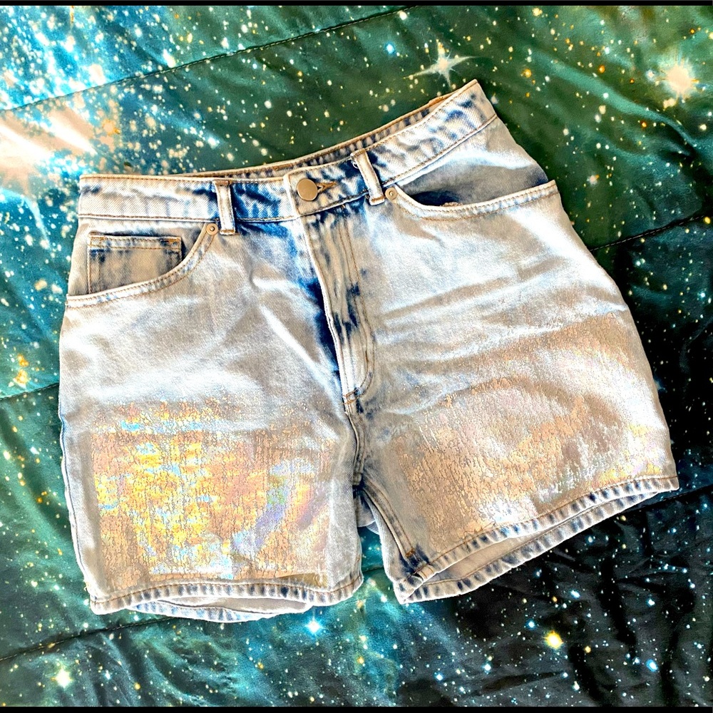 H&M DIVIDED Holographic High Rise Jean Shorts